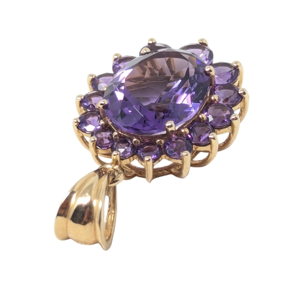 14kt Vintage Solid Yellow Gold Amethyst Oval Round Cluster Pendant - Picture 3 of 11